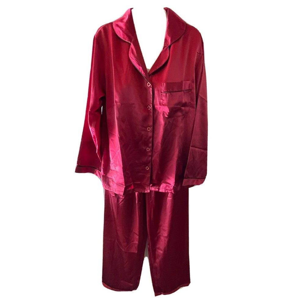 Alexander del Rossa Pajama Set S Satin Burgundy Red Button Long Sleeve Pants